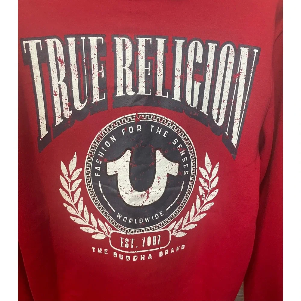 True Religion Mens College HS Zip Hoodie Red Distressed Logo Sweatshirt L